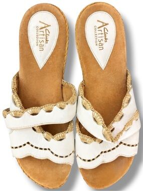 Clarks Artisan White Leather Jute Scalloped Espadrille Slide Sandals Size 7